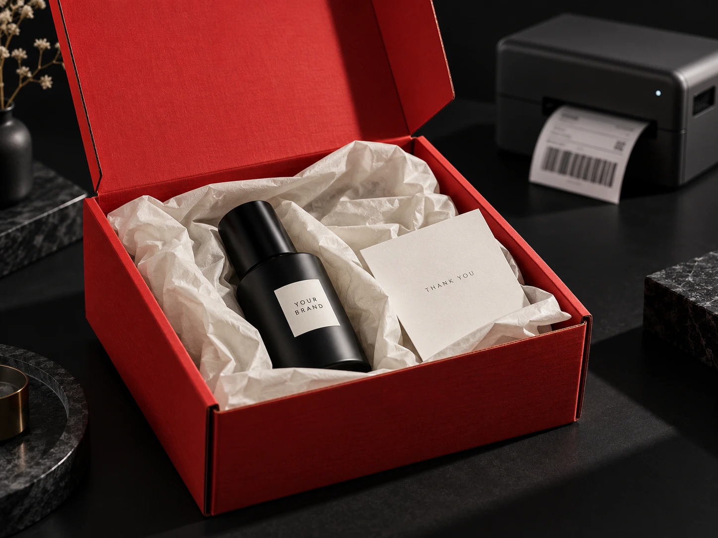Individuelle 3D-Inszenierung einer roten Markenverpackung mit Seidenpapier und Beileger