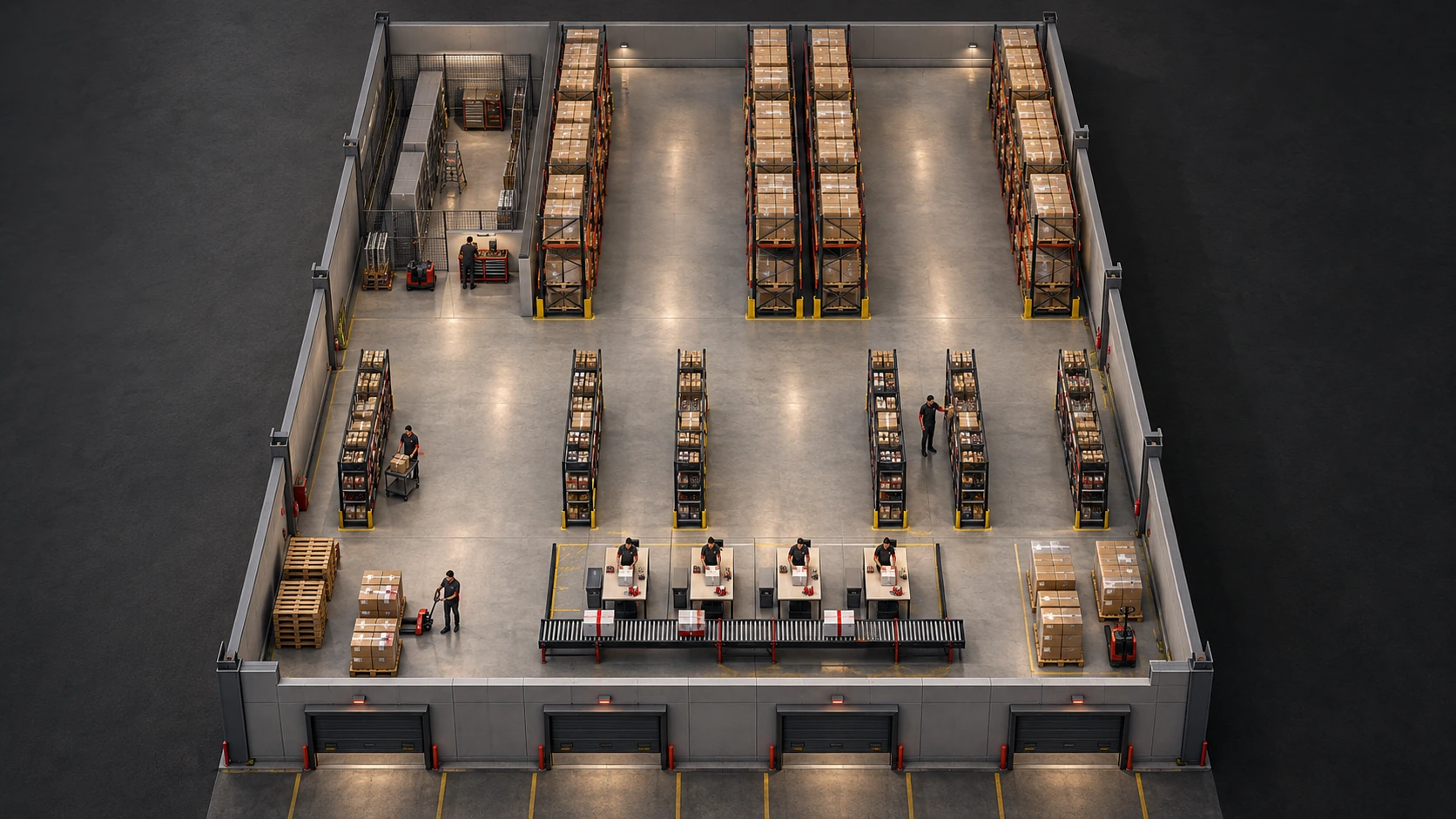 3D-Visualisierung nach dem Apex Hallenlayout: Wareneingang links vorn, vier Packtische mit Förderband, Kommissionierlinien und Palettenregale im hinteren Bereich