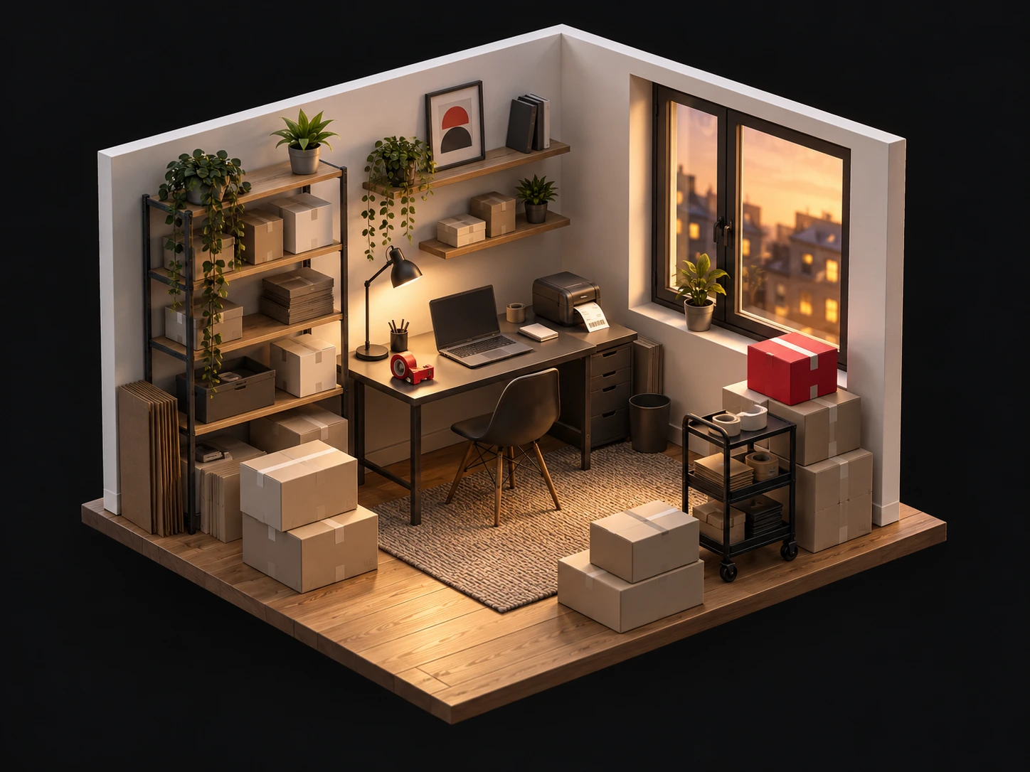 3D-Illustration einer Wohnung mit Versandkartons als Ursprung der Apex Story
